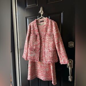 Ann Taylor Orange Multicolor Tweed 2 Piece Dress Suit Size 8